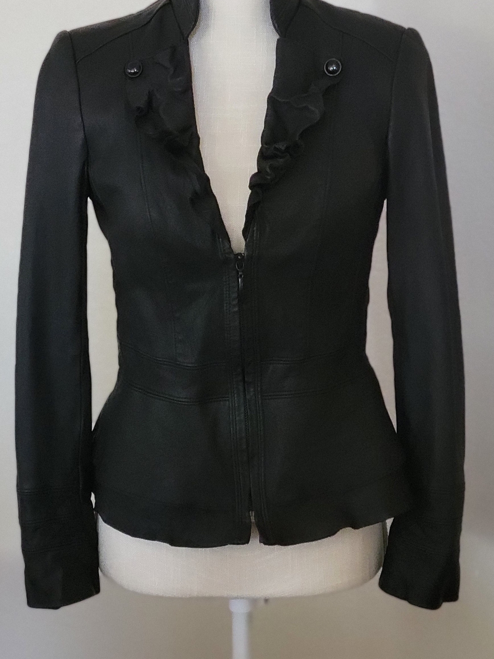 White House Black Market Black Ruffled Peplum Genuine Leather Jacket Sz S